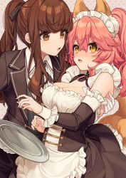 Rule 34 | 2girls, animal ear fluff, animal ears, apron, blush, breasts, brown dress, brown eyes, brown hair, butler, detached sleeves, dress, fate/extra, fate/extra ccc, fate (series), female butler, fox ears, fox girl, fox tail, frilled apron, frilled dress, frills, karokuchitose, kishinami hakuno (female), large breasts, long hair, long sleeves, maid, maid apron, maid headdress, multiple girls, nose blush, official alternate costume, pink hair, ponytail, tail, tamamo (fate), tamamo no mae (fate/extra), tamamo no mae (tailmaid strike) (fate), white apron, yellow eyes