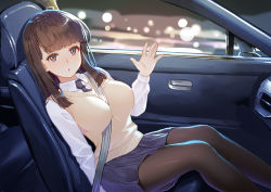 Rule 34 | 1girl, :o, between breasts, black pantyhose, blue skirt, blurry, bokeh, breasts, brown eyes, brown hair, brown vest, car, car interior, chestnut mouth, collared shirt, commentary request, depth of field, hand up, kibanda gohan, large breasts, long hair, long sleeves, looking at viewer, miniskirt, motor vehicle, necktie, original, pantyhose, parted lips, pleated skirt, school uniform, seatbelt, shirt, sitting, skirt, solo, strap between breasts, sweater vest, vehicle interior, vest, white shirt