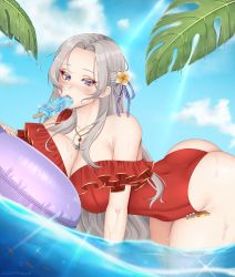 Rule 34 | 1girl, absurdres, alternate breast size, ass, bare shoulders, bent over, blush, breasts, cleavage, cloud, cryptid crab, eating, edelgard von hresvelg, fire emblem, fire emblem: three houses, fire emblem heroes, flower, food, frilled one-piece swimsuit, frills, gold trim, hair flower, hair ornament, highres, ice cream, large breasts, leaf, nintendo, ocean, official alternate costume, one-piece swimsuit, popsicle, purple eyes, red one-piece swimsuit, sky, swimsuit, wet