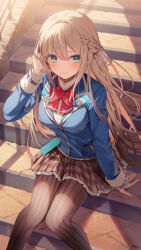 Rule 34 | 1girl, adjusting hair, blonde hair, blue jacket, blush, bow, bowtie, braid, breasts, brown skirt, closed mouth, collared shirt, green eyes, hair ribbon, heaven burns red, highres, jacket, kanda done, long hair, long sleeves, looking at viewer, medium breasts, pantyhose, plaid, plaid skirt, pleated skirt, red bow, red bowtie, ribbon, school uniform, second-party source, shirt, sidelocks, sitting, sitting on stairs, skirt, sleeve cuffs, solo, stairs, striped clothes, striped pantyhose, toujou tsukasa, upper body, white ribbon, white shirt
