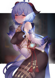 Rule 34 | 1girl, absurdres, bell, blue hair, blush, bodysuit, breasts, brown bodysuit, covered erect nipples, cowbell, detached sleeves, dress, ganyu (genshin impact), genshin impact, goat horns, highres, horns, large breasts, long hair, looking at viewer, oz ma33, purple eyes, smile, thighs, white dress