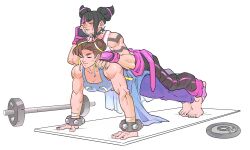 Rule 34 | 2girls, absurdres, barbell, biceps, black hair, brown hair, capcom, chun-li, drill hair, exercising, hair horns, han juri, hand on another&#039;s shoulder, highres, lais leite, lying on person, multicolored hair, multiple girls, muscular, muscular female, push-ups, sleeveless, streaked hair, street fighter, street fighter 6, sweat, twin drills, yuri