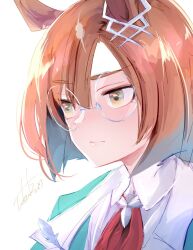 Rule 34 | 1girl, animal ears, bob cut, closed mouth, collared shirt, commentary request, glasses, green jacket, hair ornament, highres, horse ears, horse girl, ikuno dictus (umamusume), jacket, lapels, looking ahead, necktie, notched lapels, orange hair, portrait, red necktie, round eyewear, shirt, signature, simple background, solo, three quarter view, tobari (seaetana), umamusume, white-framed eyewear, white background, white shirt, yellow eyes