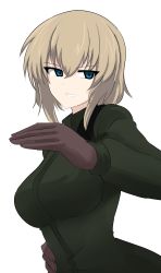 Rule 34 | 1girl, absurdres, aged up, aikir (jml5160), alternate breast size, black gloves, blonde hair, blue eyes, bob cut, commentary, girls und panzer, gloves, green jumpsuit, grin, hand on own hip, highres, jumpsuit, katyusha (girls und panzer), long sleeves, looking at viewer, one-hour drawing challenge, pravda military uniform, short hair, simple background, smile, solo, upper body, white background