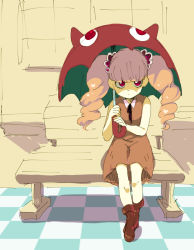 Rule 34 | 1girl, aged down, alternate costume, averting eyes, bare arms, bare legs, bare shoulders, bench, blunt bangs, child, closed mouth, dress, drill hair, expressionless, facing viewer, female focus, full body, legs together, looking at viewer, one piece, perona, red dress, red footwear, sitting, solo, tagme, tile floor, tiles