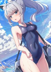 Rule 34 | 1girl, animal ear fluff, animal ears, bag, black one-piece swimsuit, blue archive, blue eyes, blue sky, breasts, cloud, competition swimsuit, covered navel, cross hair ornament, day, duplicate, dutch angle, extra ears, grey hair, hair ornament, halo, hanamaru tsubaki, highres, horizon, long hair, low ponytail, medium breasts, mismatched pupils, multicolored clothes, multicolored swimsuit, ocean, one-piece swimsuit, outdoors, pixel-perfect duplicate, shiroko (blue archive), shiroko (swimsuit) (blue archive), sky, solo, swimsuit, wolf ears