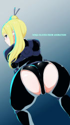 Rule 34 | 1girl, absurdres, all fours, aqua eyes, ass, backboob, bent over, blonde hair, blush, bodysuit, breasts, from behind, hair bun, highres, huge ass, large breasts, looking at viewer, looking back, nancy lee, ninja slayer, solo