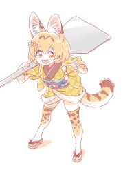 Rule 34 | 1girl, :3, adapted costume, animal ear fluff, animal ears, blonde hair, commentary request, extra ears, hair ornament, hairclip, kemono friends, lucky beast (kemono friends), mitsumoto jouji, multicolored hair, open mouth, oversized object, plaid, print thighhighs, serval (kemono friends), serval print, serval tail, short hair, solo, tagme, tail, thighhighs, yellow eyes