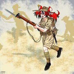 Rule 34 | 1girl, animal ears, bayonet, belt, black hair, blue eyes, bolt action, boots, brown footwear, commentary, dated, dust cloud, english commentary, full body, gun, hair ornament, hakos baelz, hat, highres, holding, holding gun, holding weapon, hololive, hololive english, lee-enfield, long hair, long sleeves, lurkatwurk, military, military uniform, mouse ears, mouse girl, mousetrap, multicolored hair, open mouth, pouch, red hair, rifle, running, scabbard, sharp teeth, sheath, shirt, shoes, signature, silhouette, smle, socks, solo, standing, streaked hair, teeth, twintails, uniform, virtual youtuber, weapon, white hair, world war i