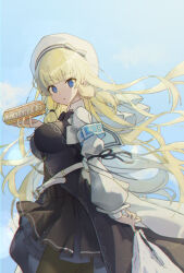 Rule 34 | 1girl, arm at side, armband, assault lily, bag, belt, belt buckle, beret, black bow, black bowtie, black dress, blonde hair, blue eyes, blue sky, blunt bangs, bow, bowtie, breasts, brown pantyhose, buckle, cloud, cowboy shot, day, dress, floating hair, food, from side, hair tie, hand up, hat, highres, holding, holding bag, holding food, juliet sleeves, layered dress, light particles, long hair, long sleeves, looking at viewer, looking to the side, medium breasts, outdoors, pantyhose, parted lips, pastry, plastic bag, puffy sleeves, shrug (clothing), sidelocks, sky, solo, standing, tachihara sayu, very long hair, waist cape, white belt, white hat, youmtk1714