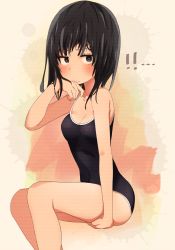 Rule 34 | !, !!, 1girl, black eyes, black hair, blush, breasts, cleavage, competition school swimsuit, laki, one-piece swimsuit, original, school swimsuit, short hair, solo, swimsuit