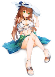 Rule 34 | 1girl, absurdres, ankle strap, arm at side, arm support, bare shoulders, bikini, bikini bottom only, black bikini, blue ribbon, blush, breasts, brown hair, cleavage, closed mouth, flower, front-tie top, full body, girls&#039; frontline, green eyes, halterneck, hand on headwear, hand up, hansal, hat, hat flower, hat ribbon, highleg, highleg bikini, highres, knees together feet apart, large breasts, long hair, medium breasts, navel, o-ring, o-ring bikini, off shoulder, official alternate costume, open clothes, open shirt, reclining, ribbon, sandals, sarong, shirt, short sleeves, simple background, smile, solo, springfield (girls&#039; frontline), springfield (stirring mermaid) (girls&#039; frontline), sun hat, swimsuit, white background, white bikini, white flower, white hat, white shirt