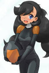 Rule 34 | 10s, 1girl, alternate color, black gloves, black hair, blue eyes, bodysuit, breasts, creatures (company), curly hair, emma (pokemon), essentia (pokemon), formal, game freak, gloves, happy, helmet, hip focus, legs, long hair, looking at viewer, ni-jo, nintendo, one eye closed, open mouth, pokemon, pokemon xy, ponytail, small breasts, smile, solo, suit, sweat, sweatdrop, teeth, tongue, twintails, wink