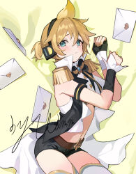 Rule 34 | 1boy, aqua eyes, black shorts, blonde hair, blush, closed mouth, crop top, envelope, epaulettes, headphones, highres, kagamine len, looking at viewer, male focus, midriff, short shorts, shorts, signature, simple background, solo, spiked hair, thighhighs, trap, vocaloid, white thighhighs, wumumu, yellow background