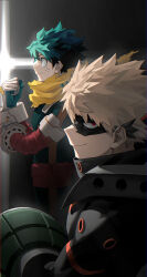 Rule 34 | 2boys, aqua gloves, bakugou katsuki, belt, belt pouch, black background, black mask, blonde hair, bodysuit, boku no hero academia, cape, chromatic aberration, clenched hand, closed mouth, commentary request, cut (nifuhami 35), eye mask, floating cape, floating hair, freckles, from side, gloves, gradient background, green bodysuit, green eyes, green hair, grey background, hand up, hands up, high collar, highres, light, looking at viewer, looking to the side, male focus, midoriya izuku, multiple boys, official alternate costume, partial commentary, pouch, profile, red belt, red eyes, short hair, sideways glance, single horizontal stripe, smile, spiked hair, spoilers, torn cape, torn clothes, upper body, yellow cape