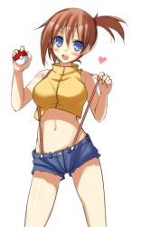 Rule 34 | 1girl, :d, alternate color, bad id, bad twitter id, bare shoulders, blue eyes, blush, breasts, brown hair, contrapposto, creatures (company), crop top, crop top overhang, cutoffs, denim, denim shorts, female focus, game freak, heart, large breasts, looking at viewer, midriff, misty (pokemon), navel, nintendo, open mouth, poke ball, poke ball (basic), pokemon, pokemon (anime), pokemon (classic anime), ponytail, shiny skin, shirt, short hair, short ponytail, short shorts, shorts, side ponytail, simple background, sleeveless, sleeveless shirt, smile, solo, standing, suspenders, suspenders pull, white background, yanagi yuu, yellow shirt