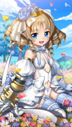 Rule 34 | 1girl, armor, blue bow, blue eyes, blue flower, blue rose, blue sky, blush, bow, breasts, clothing cutout, cloud, crown, day, detached sleeves, dress, drill hair, field, flower, flower field, garter straps, gauntlets, gloves, greaves, hair flower, hair ornament, highres, looking at viewer, navel cutout, official art, open mouth, outdoors, platinum blonde hair, pointy ears, puffy short sleeves, puffy sleeves, queen&#039;s blade, queen&#039;s blade unlimited, queen&#039;s blade white triangle, rose, seiza, short hair, short sleeves, single gauntlet, sitting, sky, small breasts, solo, tree, white dress, white flower, white gloves, yellow flower, ymir (queen&#039;s blade), ymir (queen&#039;s blade unlimited)