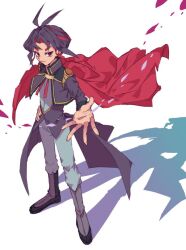 Rule 34 | 1boy, cape, dyed bangs, from above, full body, hand on own hip, jacket, looking at viewer, male focus, multicolored hair, open hands, purple eyes, purple hair, purple jacket, purple shirt, red cape, red hair, shirt, short hair, smile, solo, sunanogimo, two-tone hair, yu-gi-oh!, yu-gi-oh! arc-v, yuuri (yu-gi-oh!)