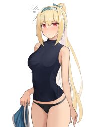 Rule 34 | 1girl, absurdres, arms at sides, bare shoulders, black panties, black shirt, blonde hair, blush, breasts, commentary, cowboy shot, embarrassed, english commentary, gamryous, girls&#039; frontline, green hairband, hairband, highres, holding, holding clothes, holding shorts, jewelry, large breasts, long hair, looking at viewer, no pants, panties, ponytail, red eyes, ring, shirt, sidelocks, simple background, sleeveless, sleeveless shirt, solo, standing, sv-98 (girls&#039; frontline), underwear, very long hair, white background