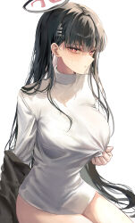 Rule 34 | 1girl, absurdres, black hair, black jacket, blue archive, breasts, bright pupils, chabi, highres, jacket, large breasts, long hair, looking at viewer, no pants, red eyes, rio (blue archive), sideways glance, simple background, solo, straight hair, sweatdrop, sweater, turtleneck, turtleneck sweater, very long hair, white background, white sweater