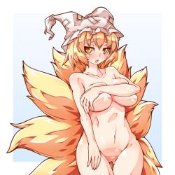 Rule 34 | 1girl, animal hat, blonde hair, covering privates, covering breasts, deep skin, ekus (xo ekus), fox tail, gradient background, hat, looking at viewer, mob cap, multiple tails, navel, nude, open mouth, mob cap, pussy, short hair, solo, tail, touhou, uncensored, yakumo ran, yellow eyes
