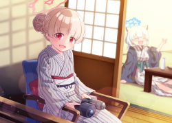 Rule 34 | 2girls, :d, ^ ^, binoculars, blue archive, blue hair, blurry, blurry background, blush, braid, brown hair, chair, closed eyes, commentary request, cup, depth of field, hair bun, halo, hand up, harada (sansei rain), highres, holding, holding cup, japanese clothes, kimono, long sleeves, looking at viewer, multiple girls, nodoka (blue archive), nodoka (hot spring) (blue archive), obi, on chair, open clothes, open mouth, red eyes, sash, shigure (blue archive), shigure (hot spring) (blue archive), single hair bun, sitting, smile, solo focus, striped clothes, striped kimono, table, tokkuri, vertical-striped clothes, vertical-striped kimono, wide sleeves