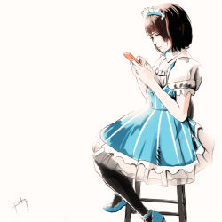Rule 34 | 1girl, absurdres, black pantyhose, blue dress, blue footwear, brown hair, cellphone, dress, from side, highres, holding, holding phone, looking at phone, maid, maid headdress, original, pantyhose, phone, puffy short sleeves, puffy sleeves, sergey orlov, short hair, short sleeves, signature, simple background, sitting, smartphone, solo, stool, white background