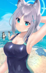 Rule 34 | 3girls, animal ear fluff, animal ears, arm behind head, arm up, armpits, ayane (blue archive), ayane (swimsuit) (blue archive), bare arms, bare shoulders, beach, black hair, blue archive, blue eyes, blue one-piece swimsuit, blue sky, blush, breasts, cleavage, cloud, collarbone, commentary, competition swimsuit, day, grey hair, halo, highres, horizon, inflatable dolphin, inflatable toy, long hair, looking at viewer, low ponytail, medium breasts, multiple girls, no.054 (adar5857), ocean, one-piece swimsuit, outdoors, parted lips, ponytail, sand, serika (blue archive), serika (swimsuit) (blue archive), shiroko (blue archive), shiroko (swimsuit) (blue archive), sidelocks, sky, solo focus, swimsuit, twintails, upper body, very long hair, water