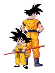 Rule 34 | 2boys, age comparison, ankle boots, back-to-back, black eyes, black footwear, black hair, blue footwear, boots, clenched hands, clothes writing, collarbone, dougi, dragon ball, dragon ball (classic), dragonball z, dual persona, facing viewer, full body, hands on own hips, happy, height difference, highres, holding, holding weapon, kubota chikashi, legs apart, looking at another, looking back, looking down, looking to the side, male focus, multiple boys, muscular, ruyi jingu bang, official style, profile, shoes, simple background, smile, son goku, spiked hair, standing, weapon, white background, wristband