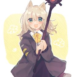 Rule 34 | 1girl, :d, animal ears, arknights, blonde hair, blush, commentary request, dog ears, green eyes, green jacket, hair between eyes, highres, holding, holding staff, jacket, long sleeves, looking at viewer, medium hair, neck ribbon, open clothes, open jacket, open mouth, podenco (arknights), ribbon, shirt, skirt, smile, solo, staff, tomatoritori, upper body, white background, white shirt, yellow ribbon
