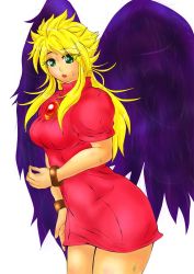 Rule 34 | 1girl, blonde hair, boots, bracelet, breasts, breath of fire, breath of fire ii, breath of fire iii, brooch, cosplay, earrings, full body, green eyes, hairband, jewelry, knee boots, long hair, miniskirt, nina (breath of fire ii), nina (breath of fire iii), nyantiu, puffy sleeves, red skirt, short hair, short sleeves, simple background, skirt, solo, spiked hair, wand, white background, wings