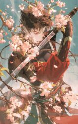 Rule 34 | 1boy, armor, black hair, black shirt, branch, character request, cherry blossoms, copyright request, earrings, film grain, highres, holding, holding sword, holding weapon, jewelry, long eyelashes, looking at viewer, male focus, one eye closed, parted lips, puffy sleeves, red sleeves, shirt, short hair, solo, standing, sword, weapon, yayaziiii