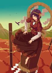 Rule 34 | 1girl, absurdres, autumn, autumn leaves, barefoot, bell, bird, blue sky, brown skirt, gradient sky, hair ornament, hand on leg, highres, layered clothes, layered sleeves, leaf hair ornament, leaf print, long skirt, long sleeves, looking at viewer, mirror, mountain, onbashira, one eye closed, parted lips, puffy short sleeves, puffy sleeves, purple hair, red eyes, red shirt, red skirt, rope, shide, shimenawa, shirt, short hair, short over long sleeves, short sleeves, sitting, skirt, sky, solo, tassel, touhou, tree, tuck (tuck23978434), yasaka kanako