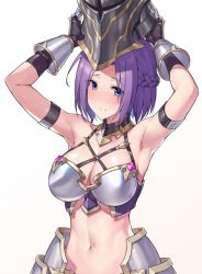 Rule 34 | 1girl, arm strap, armor, armpits, bare shoulders, bikini, bikini armor, black gloves, blush, braid, breastplate, breasts, cleavage, closed mouth, collarbone, commentary request, crown braid, faulds, gauntlets, gloves, grey bikini, groin, helm, helmet, highres, holding, holding helmet, jun (princess connect!), jun (summer) (princess connect!), large breasts, looking at viewer, midriff, navel, nose blush, panye, parted bangs, princess connect!, purple eyes, purple hair, shiny skin, short hair, sidelocks, simple background, solo, standing, swimsuit, upper body, white background