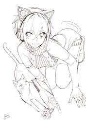 Rule 34 | 1girl, 2017, ahoge, all fours, animal ear headphones, animal ears, aran sweater, arched back, artist name, axent wear, backless dress, backless outfit, bad id, bad twitter id, blush, breasts, cable knit, cat, cat ear headphones, cat tail, crossed bangs, cyborg, dated, dress, dutch angle, elbow gloves, fake animal ears, fang, fingerless gloves, gloves, greyscale, hair between eyes, halterneck, headphones, hiwatari makoto, legs together, lineart, looking at another, looking at viewer, mechanical arms, medium breasts, meme attire, monochrome, naked sweater, one eye closed, open mouth, original, ribbed sweater, ryuji (ikeriu), shoes, short hair with long locks, sidelocks, signature, simple background, single elbow glove, single mechanical arm, smile, sneakers, solo, sweater, tail, thighhighs, turtleneck, turtleneck sweater, virgin killer sweater
