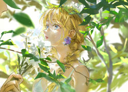 Rule 34 | 1girl, athanasia de alger obelia, bare shoulders, blonde hair, blue eyes, blurry, braid, breasts, dappled sunlight, day, depth of field, earrings, eoneu nal gongjuga doeeobeoryeotda, eyelashes, fingernails, flower, flower earrings, giving, hair over shoulder, head wreath, holding, holding flower, jewelry, juanone88, korean commentary, long hair, looking at another, looking away, looking up, nature, out of frame, parted lips, plant, sleeveless, solo focus, sunlight, twin braids, twintails, upper body