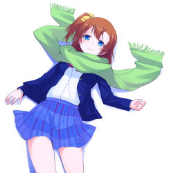 Rule 34 | 10s, 1girl, blue eyes, blue skirt, bow, brown hair, earrings, from above, green scarf, hair bow, highres, jewelry, kosaka honoka, looking at viewer, love live!, love live! school idol project, lying, nanotsuki, on back, one side up, pleated skirt, scarf, school uniform, short hair, simple background, skirt, solo, white background, yellow bow