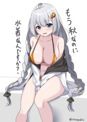 Rule 34 | 1girl, absurdres, ahoge, arms between legs, bare legs, bare shoulders, bikini, blue eyes, blush, braid, breasts, cleavage, collarbone, grey hair, hair between eyes, hair ornament, highres, invisible chair, jacket, kizuna akari, large breasts, leaning forward, long hair, looking at viewer, navel, nise no tsubo, open clothes, open jacket, open mouth, simple background, sitting, solo, swimsuit, translation request, twin braids, very long hair, voiceroid, white background