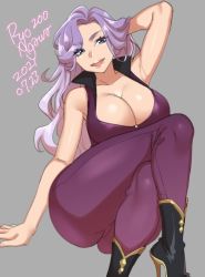 Rule 34 | 1girl, 2021, adjusting hair, agawa ryou, ankle boots, arm behind head, ass, boots, breasts, cleavage, dated, gluteal fold, grey background, high heel boots, high heels, july, large breasts, open mouth, original, popped collar, purple hair, science fiction, signature, simple background, sitting, sleeveless, smile, solo, vest