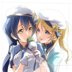 Rule 34 | 2girls, :p, aqua necktie, artist name, artist request, ayase eli, beret, blue eyes, blue hair, blue necktie, blue ribbon, blush, breasts, brown eyes, buttons, collared dress, dress, female focus, food, gloves, hair between eyes, hand on shoulder, hat, hat ribbon, holding, holding ice cream cone, ice cream, ice cream cone, long hair, looking at viewer, love live!, love live! school idol festival, love live! school idol project, multiple girls, necktie, parted lips, ribbon, short sleeves, smile, sonoda umi, tongue, tongue out, upper body, white background, white dress, white gloves, white hat, wing collar, yellow eyes