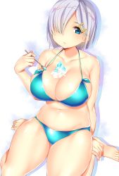 Rule 34 | 10s, 1girl, aqua bikini, barefoot, bikini, blue bikini, blue eyes, breasts, buta tamako, cleavage, collarbone, food, hair over one eye, hairband, hamakaze (kancolle), highres, holding, holding spoon, kantai collection, large breasts, looking at viewer, navel, shaved ice, short hair, silver hair, sitting, solo, spoon, swimsuit, toes, white background