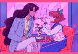 Rule 34 | 1boy, 1girl, bishoujo senshi sailor moon, blush, bow, brown hair, buttons, chair, chocolate, commentary request, crossed legs, feeding, glass, green bow, hair bow, holding, holding spoon, jacket, letterboxed, long hair, long sleeves, nanaban zenryoku, nephrite (sailor moon), oosaka naru, open mouth, pants, parfait, purple jacket, sailor collar, school uniform, shirt, sitting, skirt, spoon, table, teeth, yellow shirt
