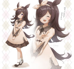 Rule 34 | 1girl, :d, ^ ^, animal ears, argyle, argyle background, argyle clothes, black footwear, black hair, black ribbon, blush, brown dress, brown hairband, brown ribbon, closed eyes, closed mouth, collared dress, commentary request, dress, facing viewer, frilled dress, frills, hair over one eye, hair ribbon, hairband, highres, horse ears, horse girl, horse tail, long hair, long sleeves, looking at viewer, multiple views, neck ribbon, nut megu, open mouth, puffy long sleeves, puffy sleeves, purple eyes, ribbon, rice shower (umamusume), shoes, smile, socks, tail, translation request, umamusume, very long hair, white background, white legwear, zoom layer