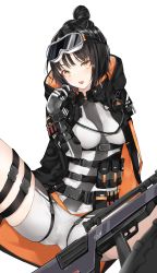 Rule 34 | 12-gauge (3 inch shell), 12-gauge belted winchester-olin (18.5x76mmr), 1girl, ammunition, artist name, automatic shotgun, belt, belted magnum, black hair, black jacket, bodysuit, breasts, buckle, bullpup, caws (girls&#039; frontline), combat shotgun, eyewear on head, full-power cartridge, girls&#039; frontline, gloves, gun, h&amp;k caws, hair bun, hair ornament, heckler &amp; koch, highres, hood, hooded jacket, jacket, looking at viewer, magnum cartridge, magnum shotgun shell, mechanical arms, medium breasts, medium hair, needlegun, olin corporation, on floor, personification, prototype design, rifle, sabot, sakippo (sakippo0), shotgun, shotgun shell, single hair bun, single mechanical arm, sitting, snap-fit buckle, solo, spread legs, sub-caliber ammunition, tongue, tongue out, weapon, white background, white bodysuit, winchester-olin, winchester repeating arms company, yellow eyes