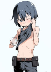 Rule 34 | 1girl, belt, belt pouch, black eyes, black hair, breasts, clothes lift, cup, drinking glass, flat chest, highres, kino (kino no tabi), kino no tabi, navel, nipples, no bra, one eye closed, pouch, reverse trap, shirt lift, short hair, simple background, small breasts, solo, sweat, tank top, tomurasuisen, water