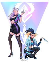 Rule 34 | 2girls, akali, artist name, black hair, black skirt, blonde hair, breasts, brown thighhighs, cleavage, cone hair bun, earrings, evelynn (league of legends), garter straps, green jacket, hair bun, hand up, high heels, highres, holding, holding weapon, jacket, jewelry, k/da (league of legends), k/da all out akali, k/da all out evelynn, large breasts, league of legends, looking at viewer, multicolored background, multicolored hair, multiple girls, navel, open clothes, open jacket, pants, pink jacket, rouza vii, shoes, short sleeves, skirt, smile, squatting, standing, stomach, thighhighs, weapon