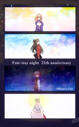 4girls ahoge artoria_pendragon_(fate) black_skirt blonde_hair blue_dress blue_eyes brown_hair brown_vest cape closed_mouth coccorope crown dress fate/stay_night fate_(series) green_eyes hair_ornament hair_ribbon happy_anniversary highres illyasviel_von_einzbern long_hair looking_ahead looking_at_viewer looking_up matou_sakura miniskirt multiple_girls puffy_sleeves purple_eyes purple_hair red_ribbon red_sweater ribbon saber_(fate) shirt skirt smile sweater tohsaka_rin turtleneck turtleneck_sweater two_side_up vest white_cape white_hair white_shirt