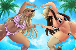 Rule 34 | 2girls, :d, animal print, arm up, armpits, beach, bikini, black hair, blonde hair, breasts, cow girl, cow print, cow tail, cowboy shot, dark-skinned female, dark skin, eye contact, female focus, fusion dance, grin, horns, huge breasts, lindaroze, long hair, looking at another, mil (monster musume), monster girl, monster musume no iru nichijou, multiple girls, nature, navel, one eye closed, open mouth, orange eyes, outdoors, palm tree, pointy ears, red eyes, sky, smile, spread legs, swimsuit, tail, thick thighs, thighs, tionishia, tree, water, wink