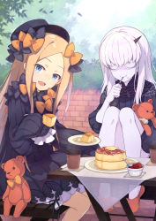 Rule 34 | 2girls, abigail williams (fate), albino, bags under eyes, black bow, black dress, black headwear, blonde hair, bloomers, blue eyes, bow, chair, colored skin, commission, cup, day, disposable cup, dress, eating, fate/grand order, fate (series), food, food on face, forehead, frills, hair bow, hat, highres, holding, holding plate, holding spoon, horns, lavinia whateley (fate), leaf, long hair, long sleeves, looking at viewer, multiple bows, multiple girls, open mouth, orange bow, outdoors, pancake, parted bangs, pink eyes, plant, plate, saipaco, sidelocks, single horn, sitting, skeb commission, sleeves past fingers, sleeves past wrists, smile, spoon, steam, stuffed animal, stuffed toy, table, teddy bear, tongue, toy, tree, underwear, utensil in mouth, very long hair, white bloomers, white hair, white skin, wooden table