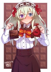 Rule 34 | 1girl, artist name, bag, black capelet, black hairband, black skirt, blue eyes, blush, bow, bowtie, capelet, chocolate, closed mouth, collared shirt, commentary, dated, einhard stratos, english text, frilled hairband, frills, frown, gift, gift bag, hair between eyes, hairband, heterochromia, hibun tsukasa, highres, holding, holding bag, holding gift, long hair, long sleeves, lyrical nanoha, mahou shoujo lyrical nanoha, mahou shoujo lyrical nanoha vivid, outside border, plastic bag, purple eyes, red bow, red bowtie, shirt, signature, skirt, solo, twintails, valentine, white shirt